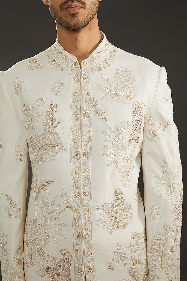 Men Ivory Matka Silk Hand Embroidered Sherwani