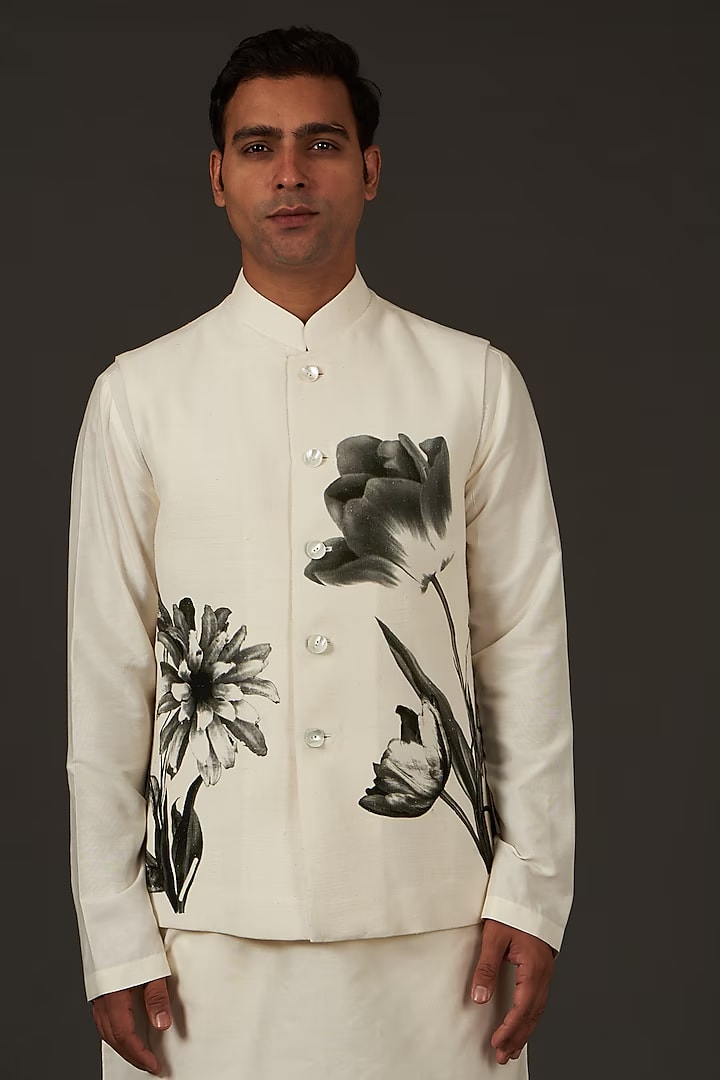 Ivory Linen Floral Printed Bundi