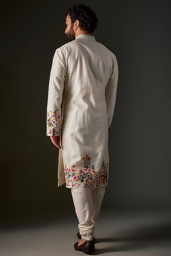 Men Ivory Chanderi Hand & Machine Embroidered Kurta Set