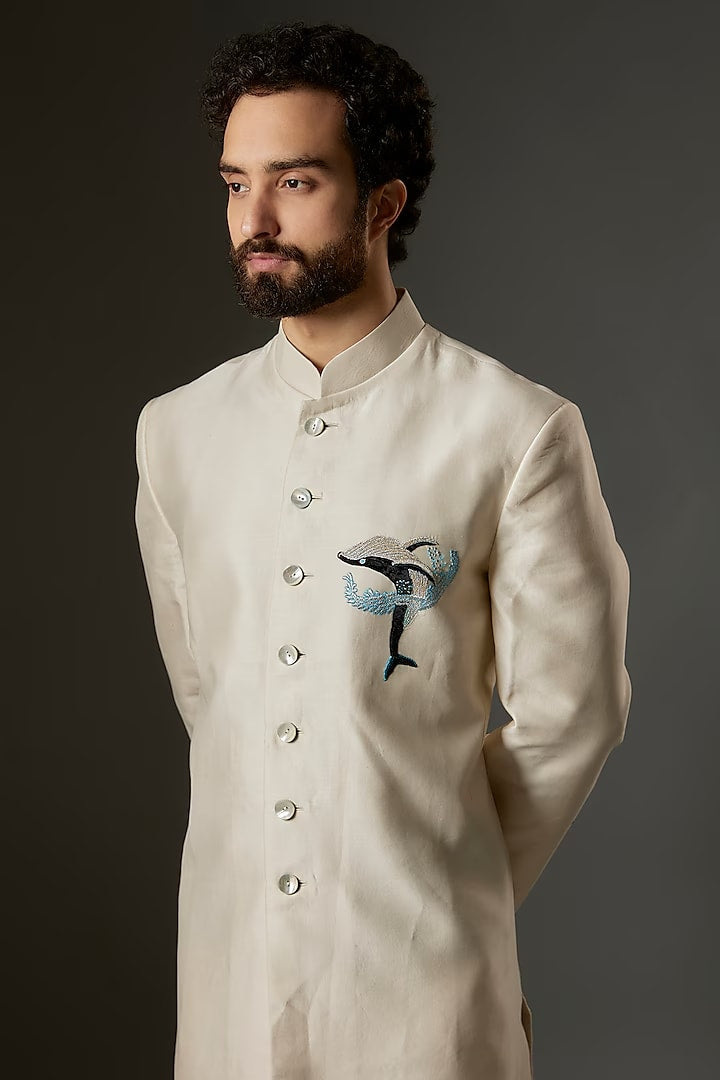 Men Ivory Matka Silk Applique Embroidered Sherwani