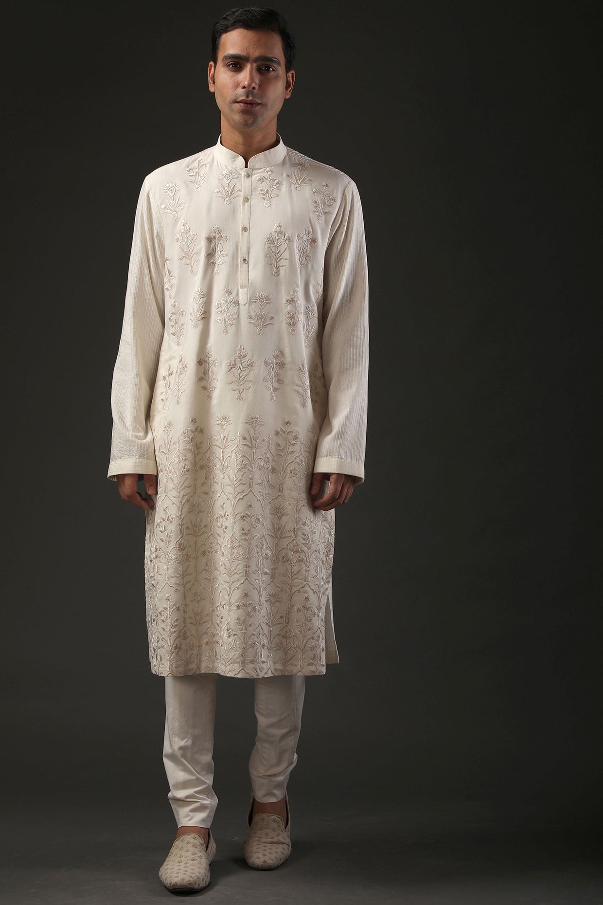 Men Ivory Chanderi Silk Resham Embroidered Kurta Set