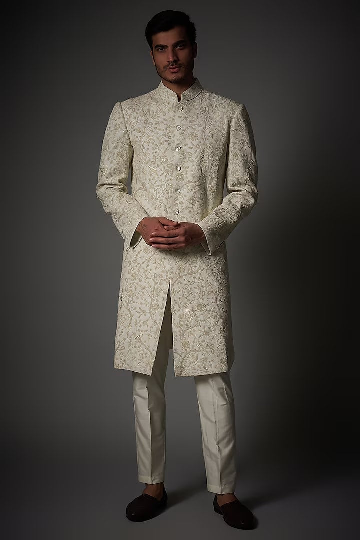 Men Ivory Matka Silk Pearl Hand Embroidered Sherwani