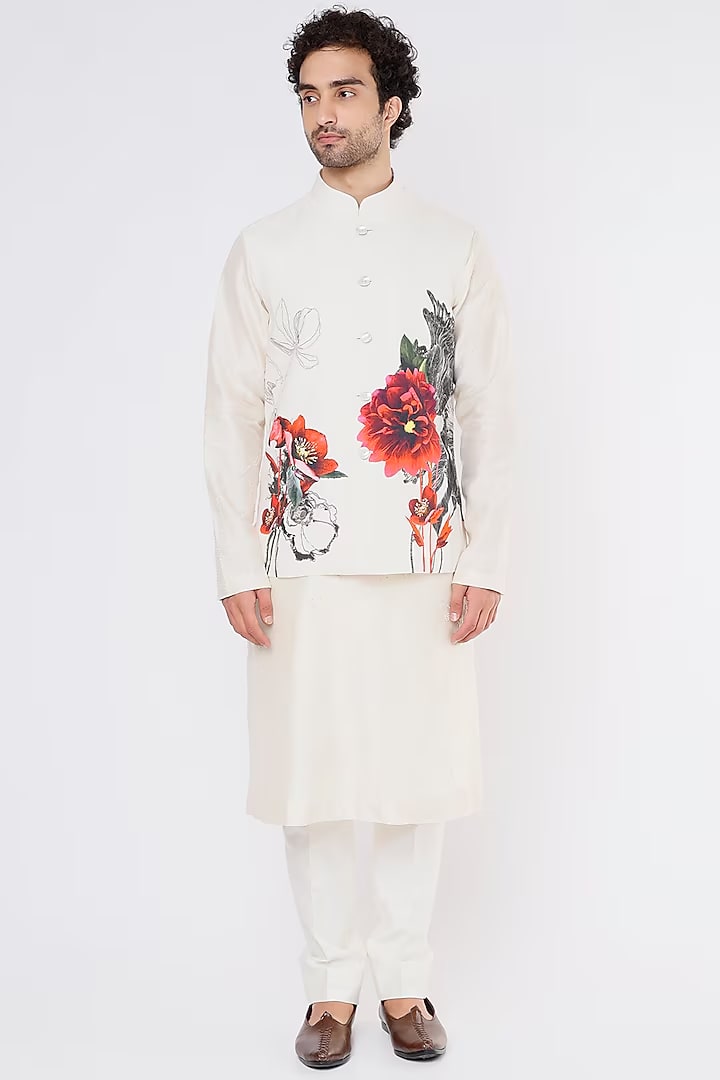 Ivory Linen Floral Printed Bundi