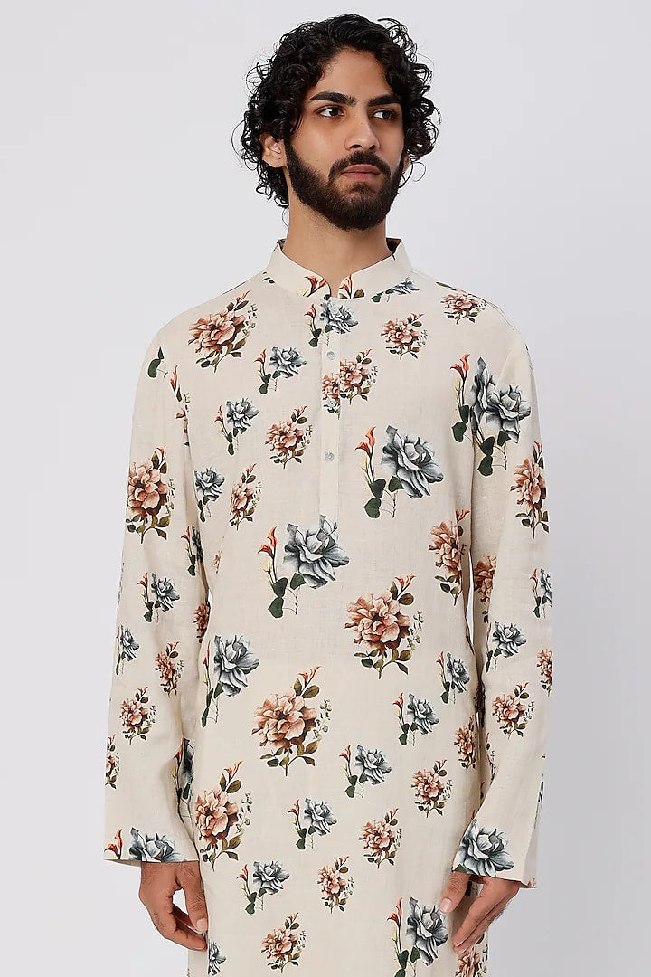 Ivory Linen Printed Kurta With Cotton Churidar