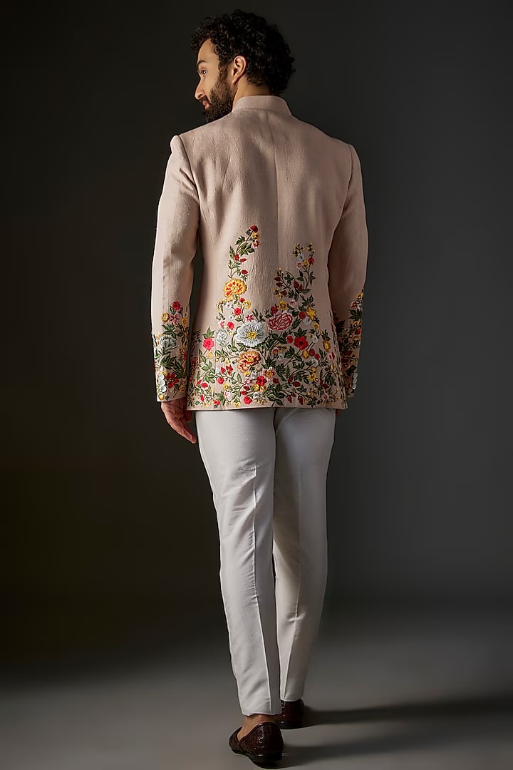 Peach Matka Silk Floral Hand & Machine Embroidered Bandhgala