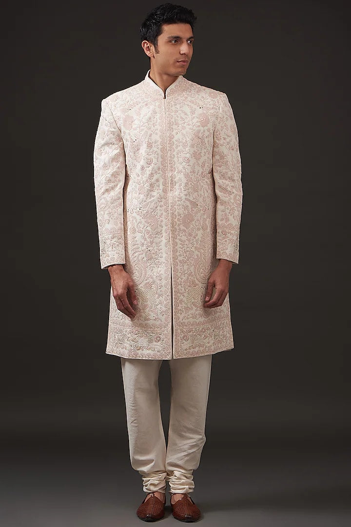 Men Powder Pink Matka Silk Resham Hand Embroidered Sherwani