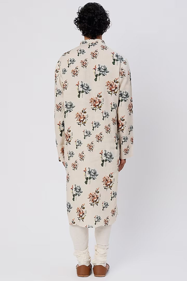 Ivory Linen Printed Kurta With Cotton Churidar