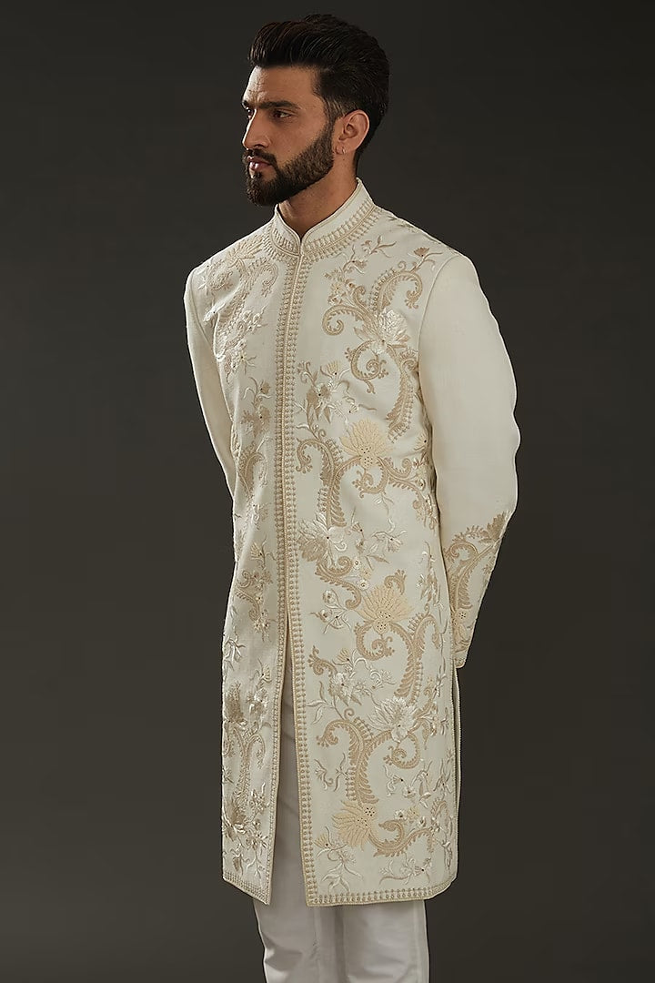 Men Ivory Matka Silk Hand Embroidered Sherwani