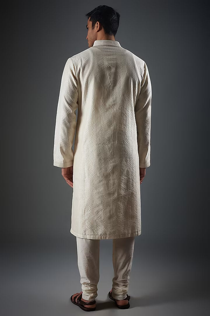 Men Ivory Chanderi Silk Resham Embroidered Kurta Set