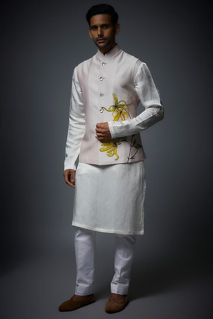 Pink Linen Hand Embroidered bundi