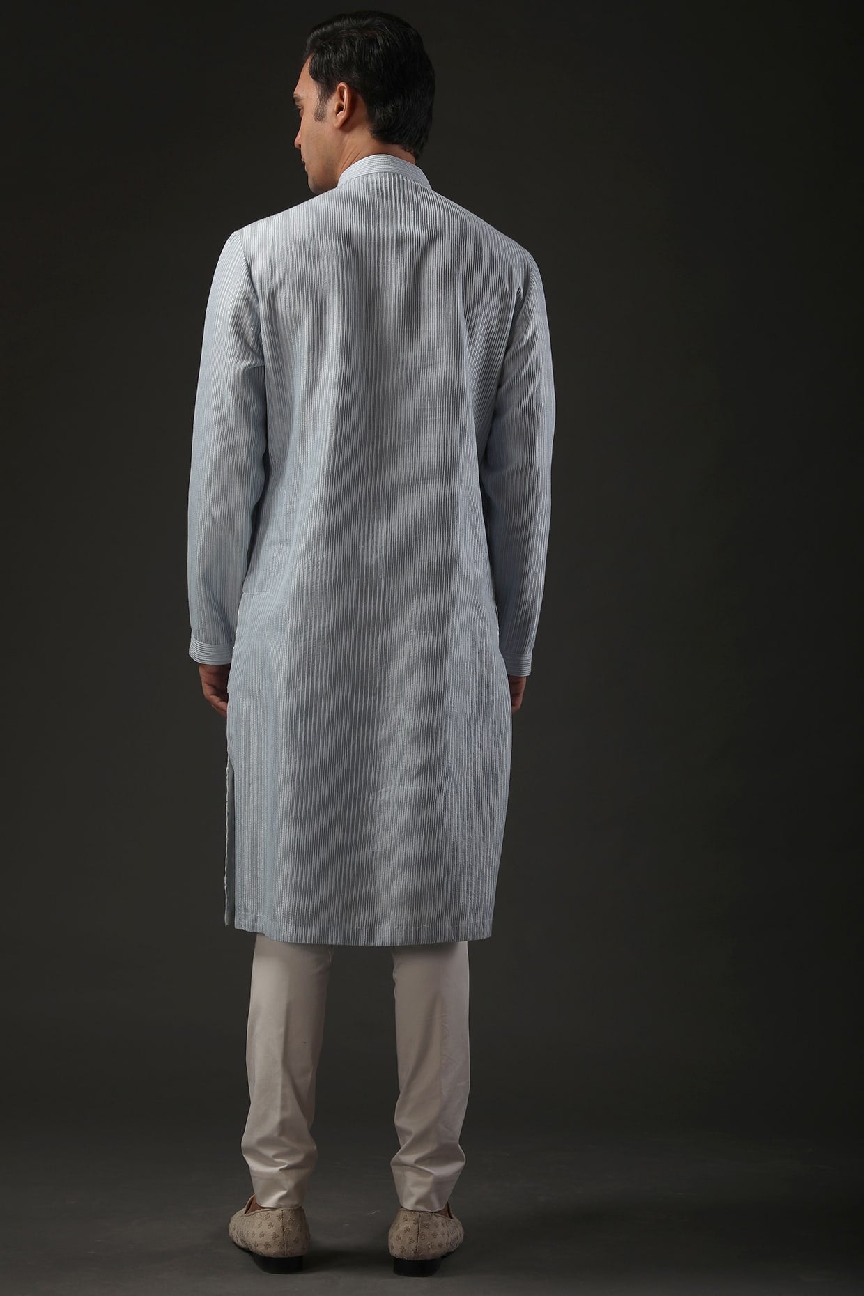Men Powder Blue Chanderi Silk Embroidered Kurta Set