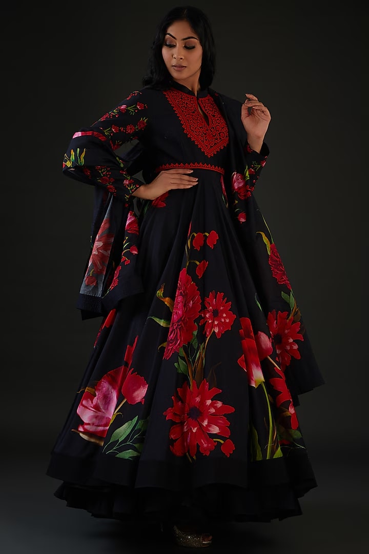 Black Chanderi Silk Printed & Embroidered Anarkali Set