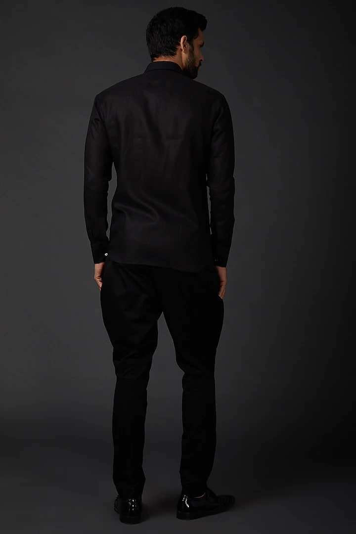 Men's Black Linen Shirt With Bird Embroidery