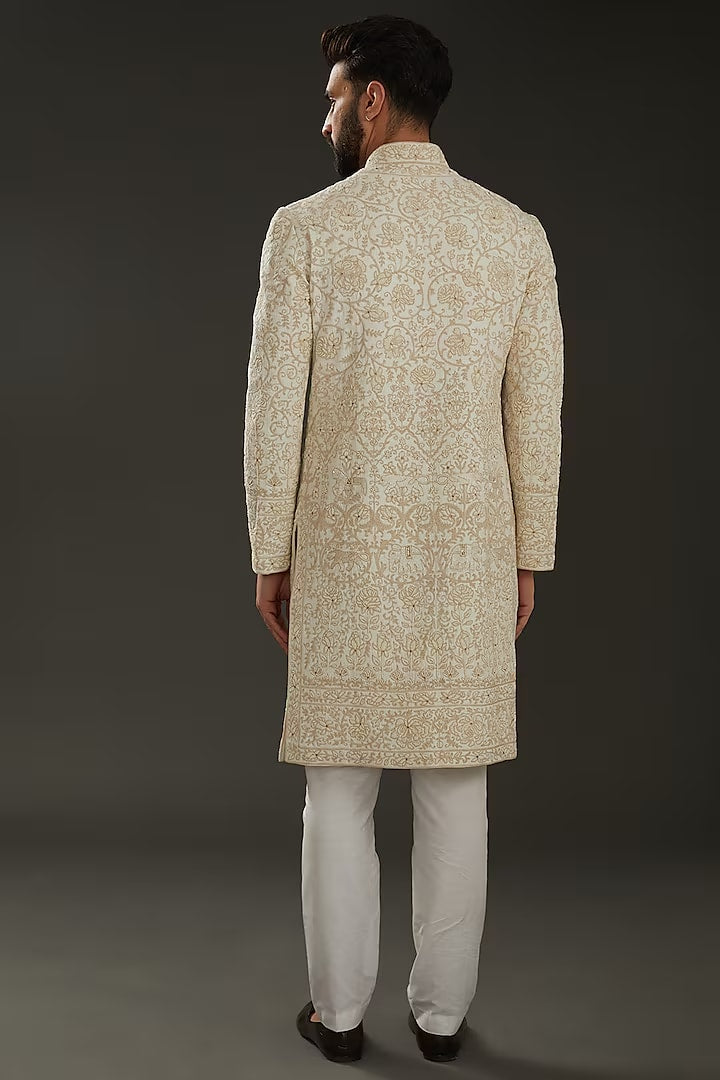 Men Ivory Matka Silk Gold Zari Embroidered Sherwani