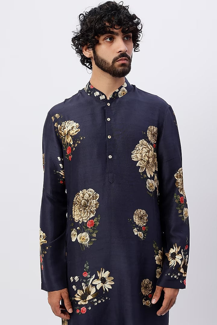 Men Indigo Blue Printed Kurta Set
