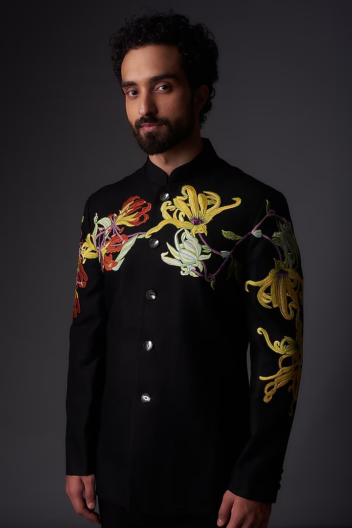 Black Matka Silk Resham Embroidered Bandhgala