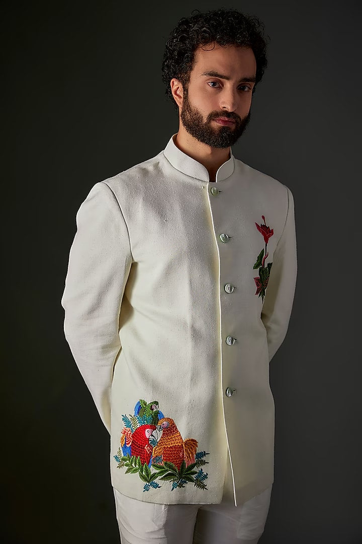 Ivory Matka Silk Hand & Machine Embroidered Bandhgala
