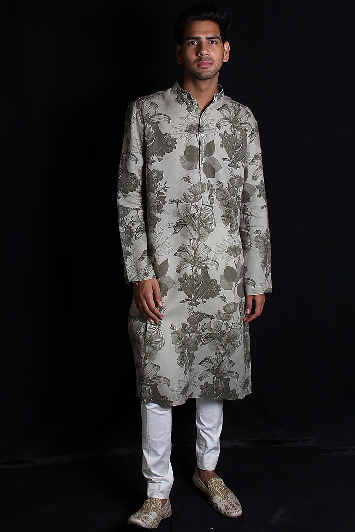 Grey Linen Printed Kurta With Cotton Churidar