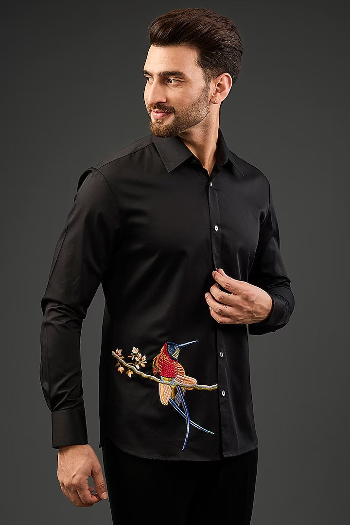 Black Poplin Shirt With Embroidery
