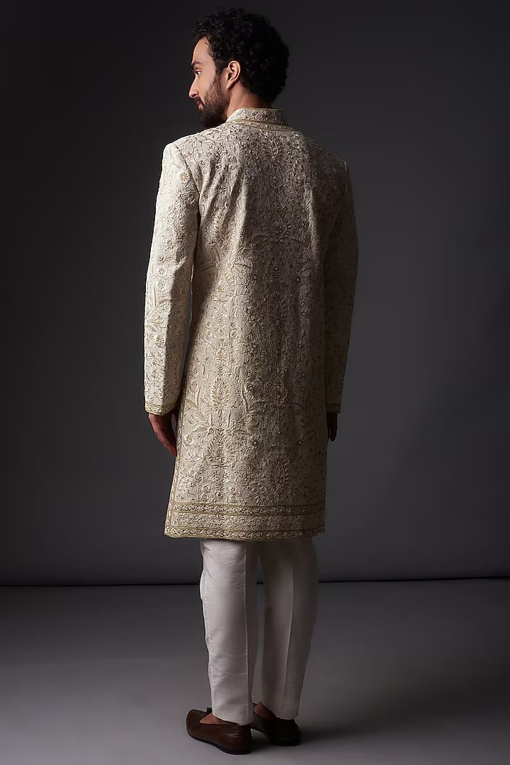 Men Ivory Matka Silk Gold Zari Embroidered Sherwani