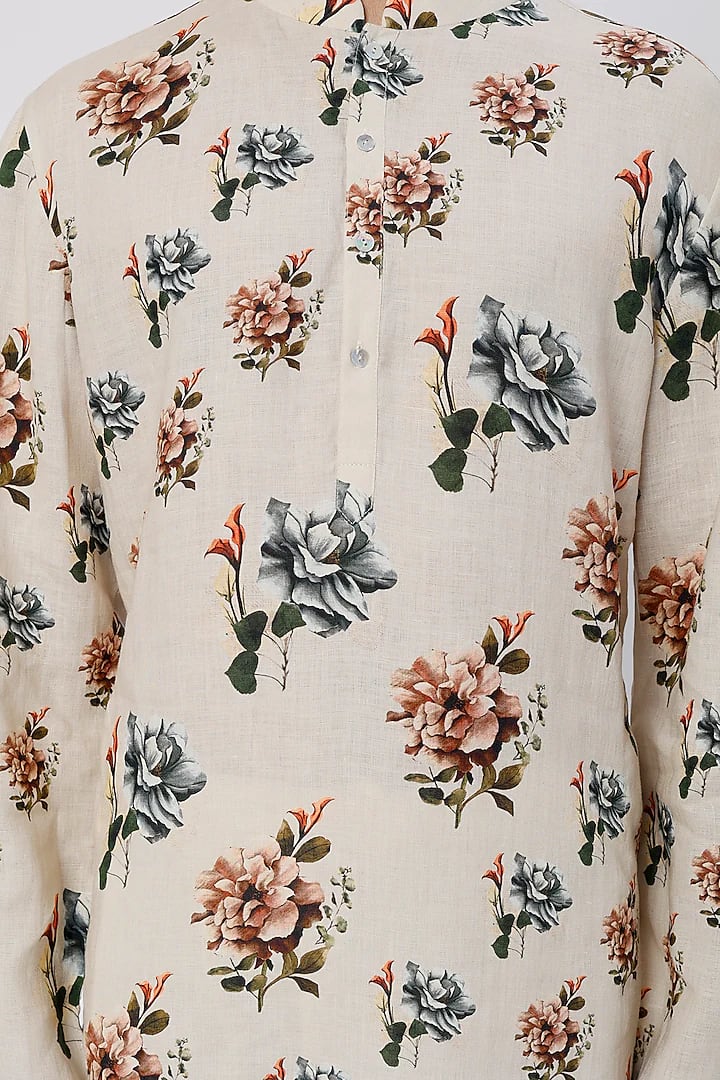 Ivory Linen Printed Kurta With Cotton Churidar