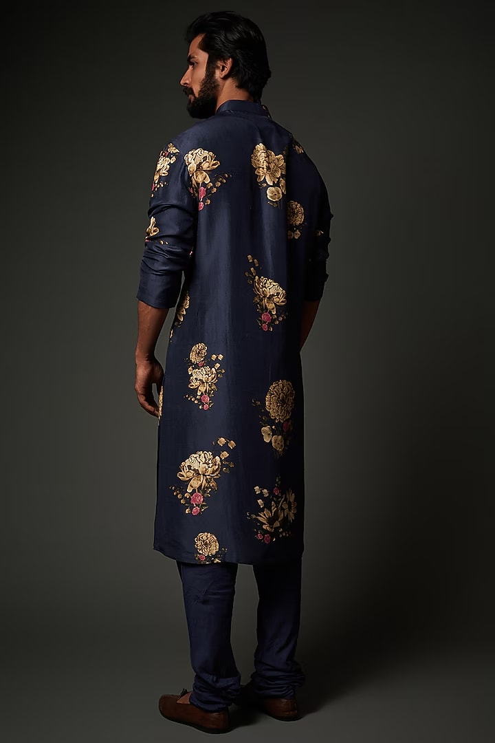 Men Indigo Blue Silk Digital Printed Kurta Set