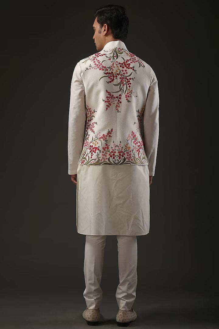 Ivory Matka Silk Resham Embroidered bundi