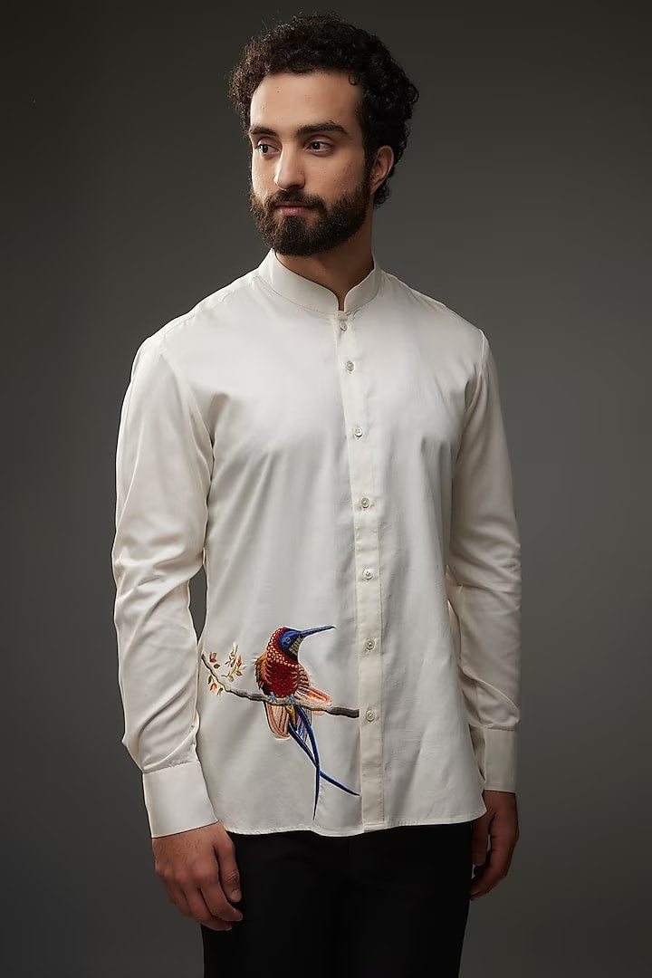 Ivory Poplin Shirt With Embroidery