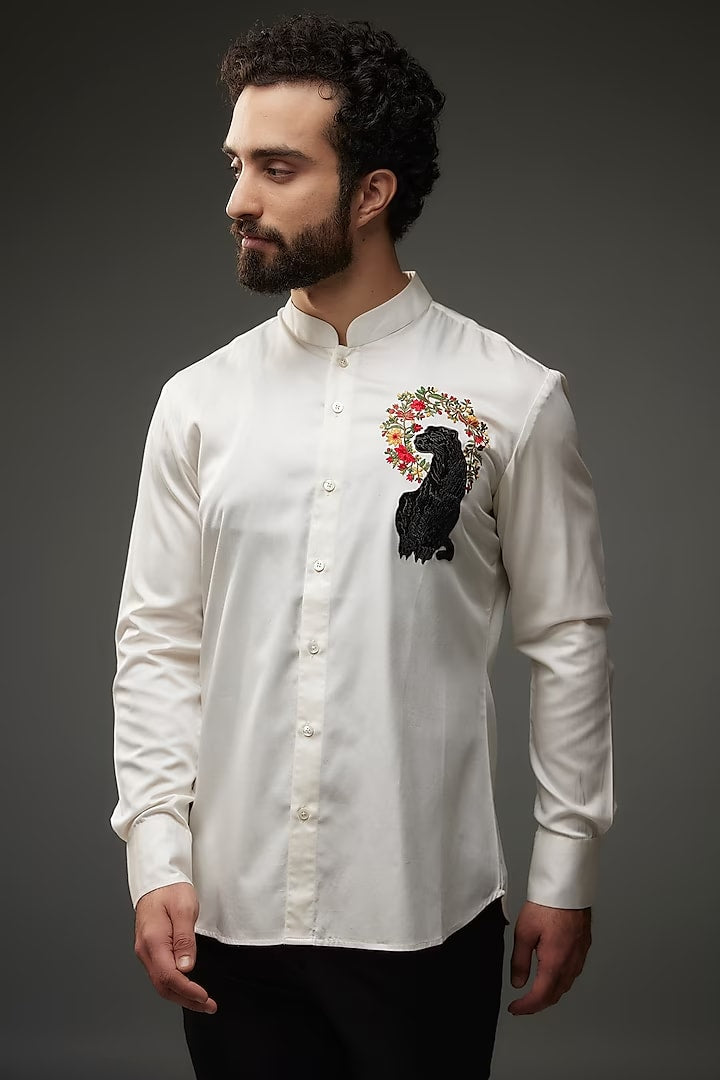 Ivory Poplin Shirt With Embroidery
