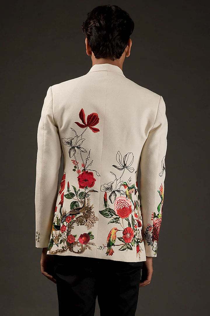 Men Ivory Linen Thread Embroidered Tuxedo