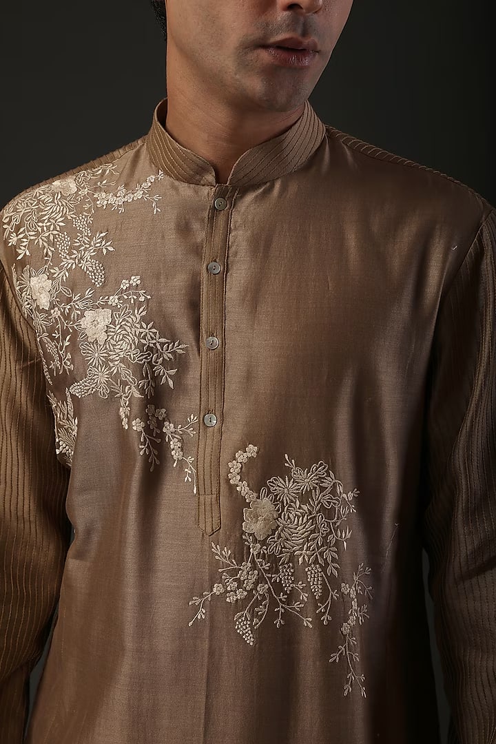 Men Brown Chanderi Silk Resham Embroidered Kurta Set