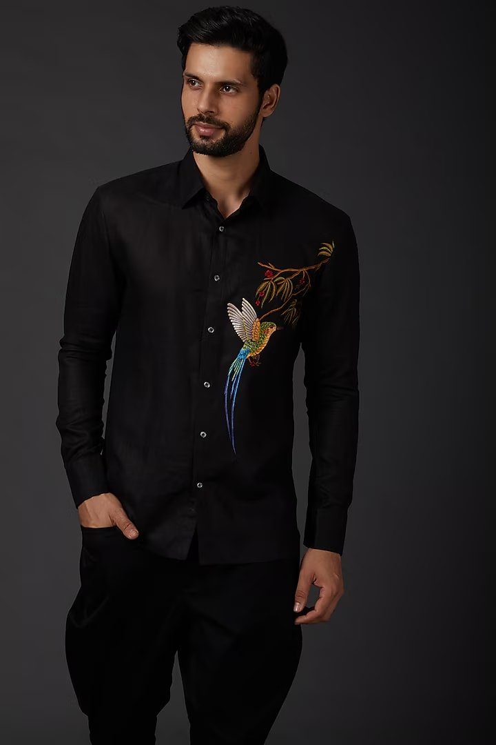 Men's Black Linen Shirt With Bird Embroidery