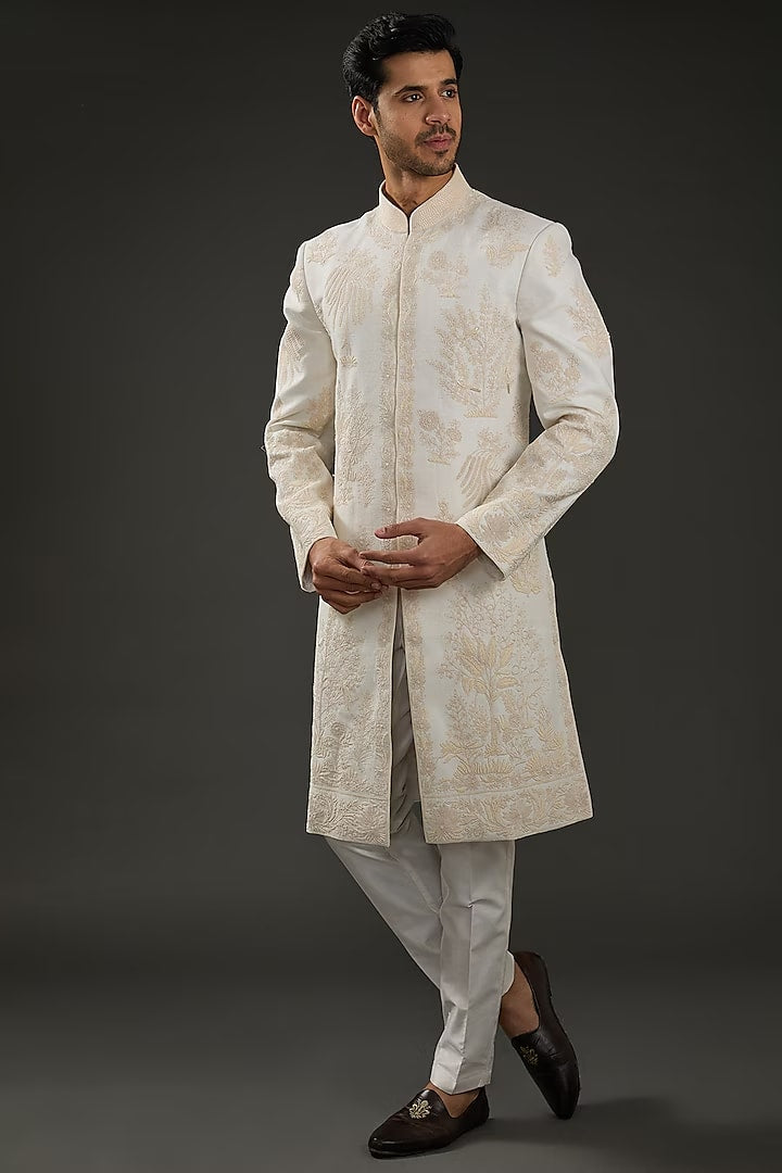 Men Ivory Chanderi Silk Hand Embroidered Sherwani