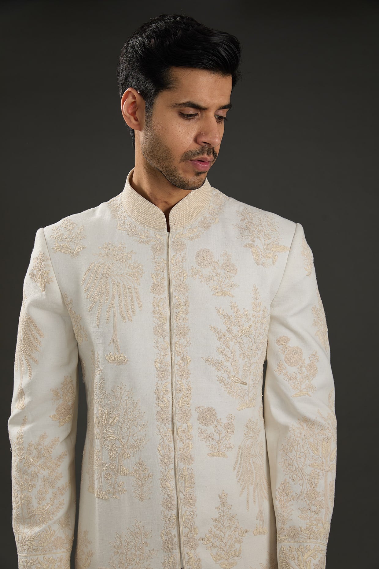 Men Ivory Chanderi Silk Hand Embroidered Sherwani