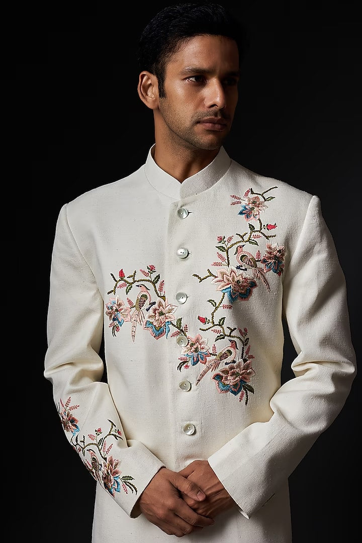 Men Ivory Matka Silk Embroidered Sherwani