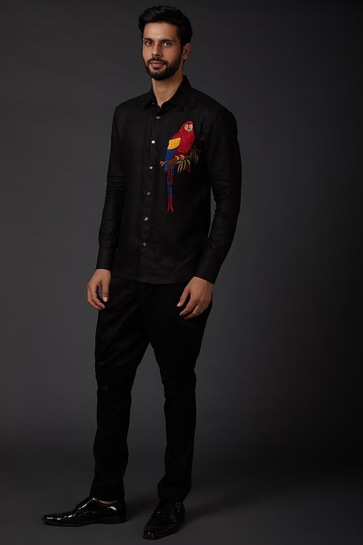 Black Embroidered Linen Shirt With Bird Print