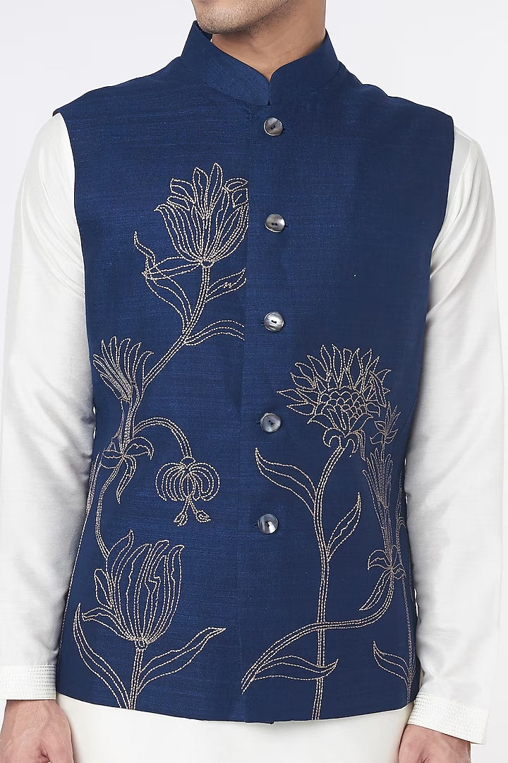 Indigo Linen Embroidered bundi Set