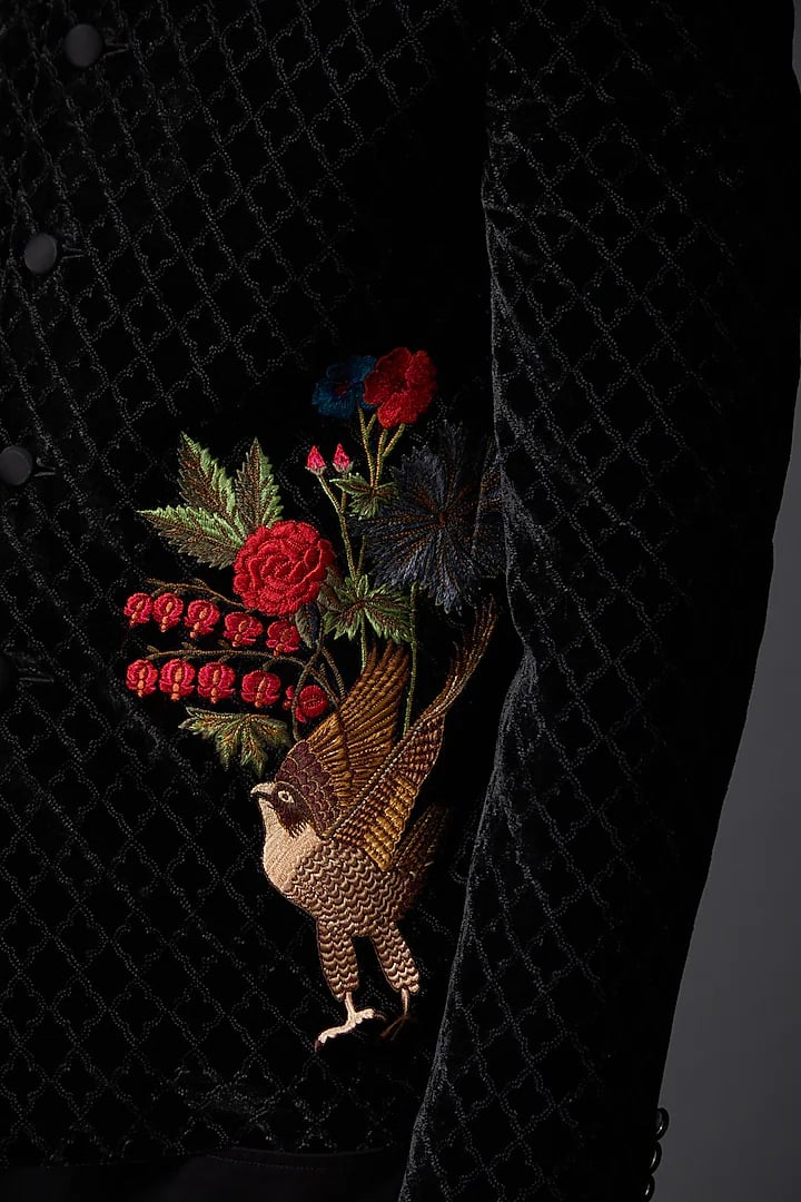 Black Silk Velvet Bandhgala