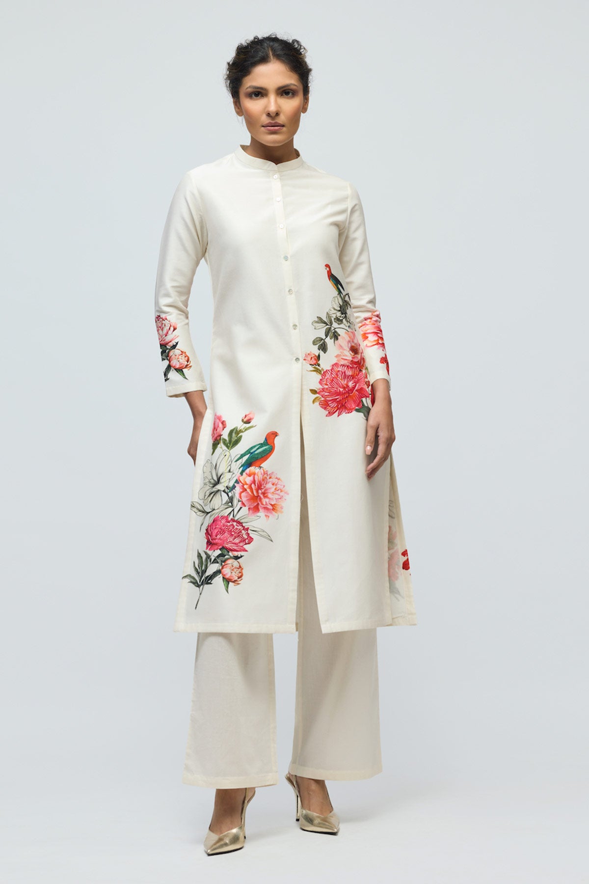 Floral printed Chanderi Tunic Set with Voile Pant