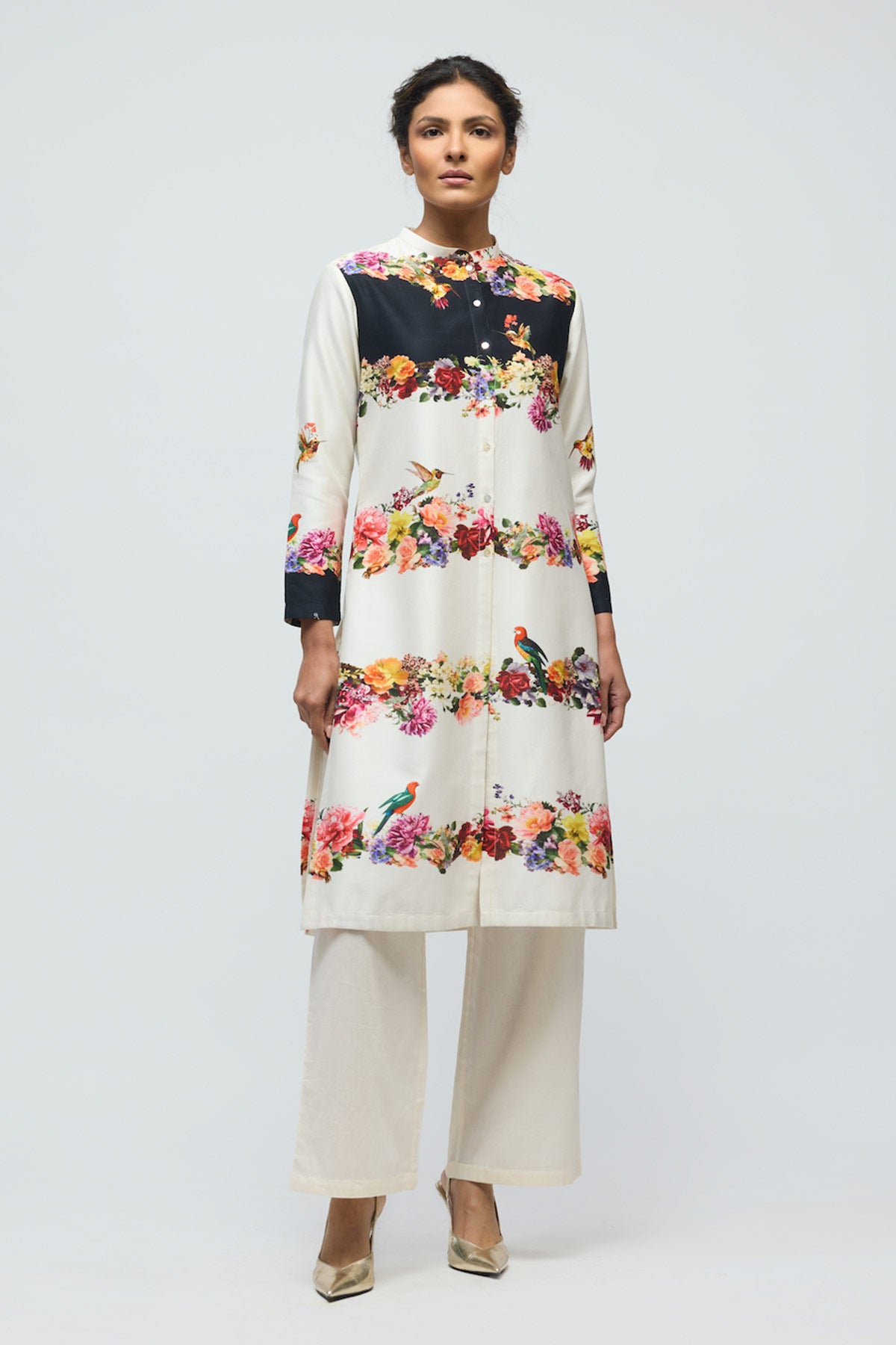 Floral printed Chanderi Tunic Set with Voile Pant