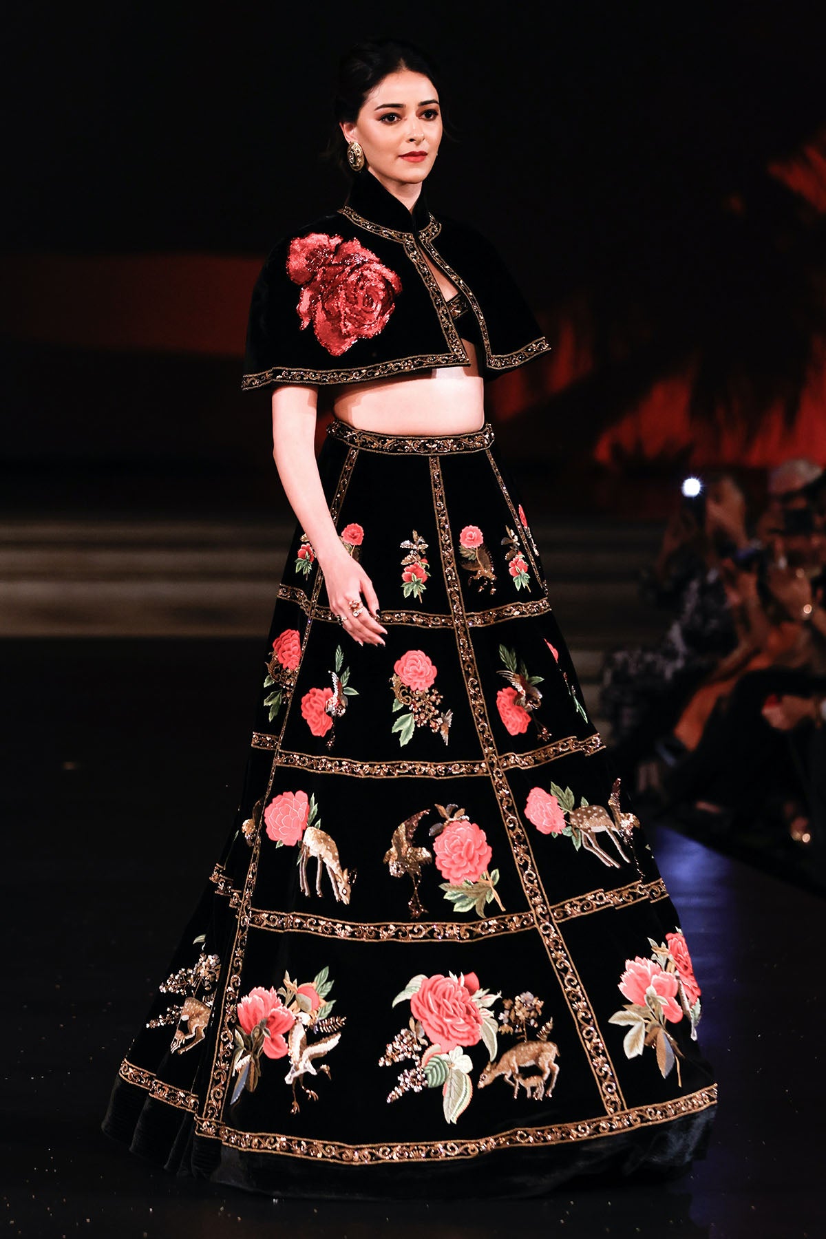 Luxurious Velvet Lehenga And Cape Set With Embroidered Bustier