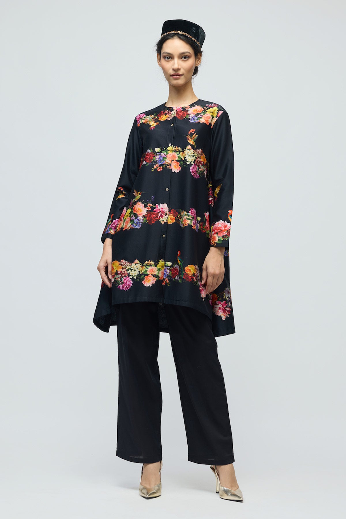 Floral printed Chanderi Tunic Set with Voile Pant