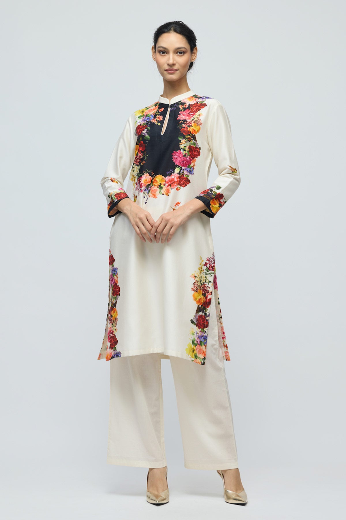 Floral printed Chanderi Tunic Set with Voile Pant