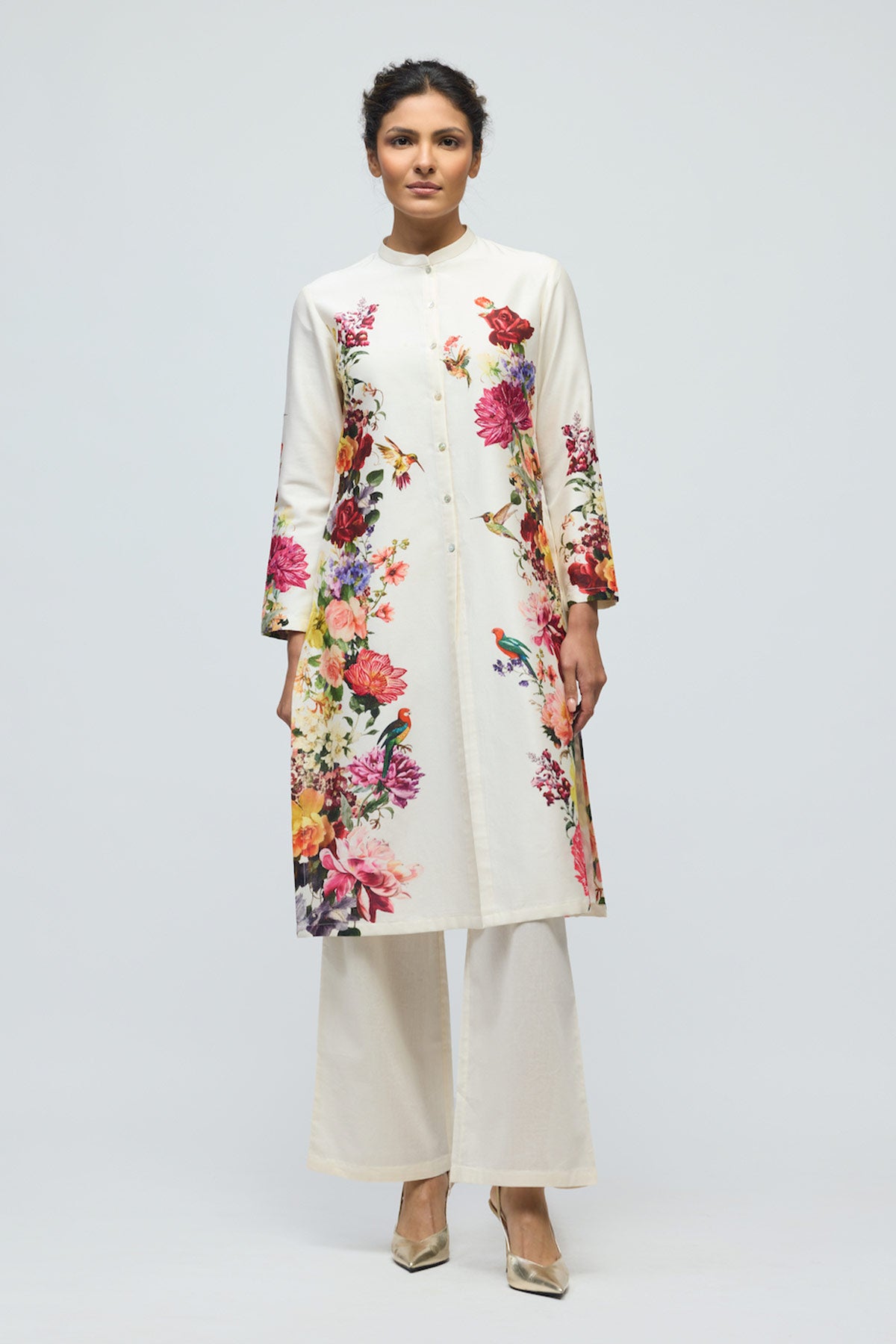 Floral printed Chanderi Tunic Set with Voile Pant