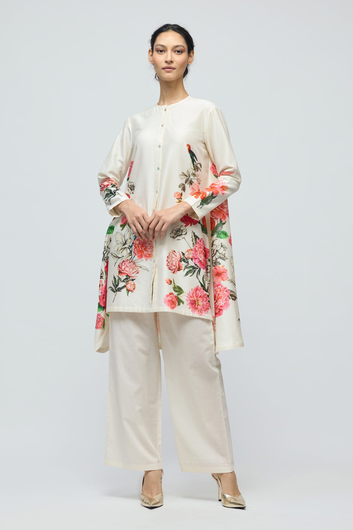 Floral printed Chanderi Tunic Set with Voile Pant