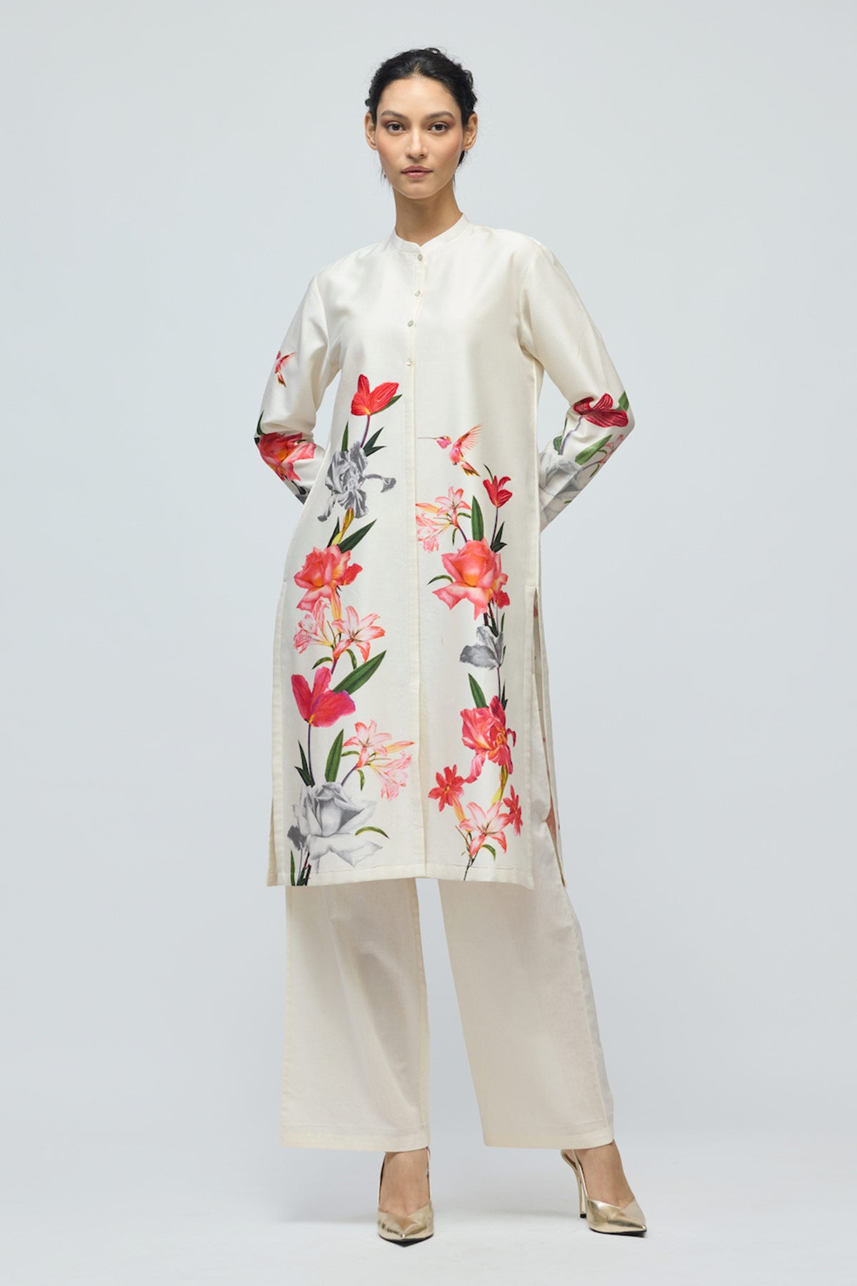 Floral printed Chanderi Tunic Set with Voile Pant