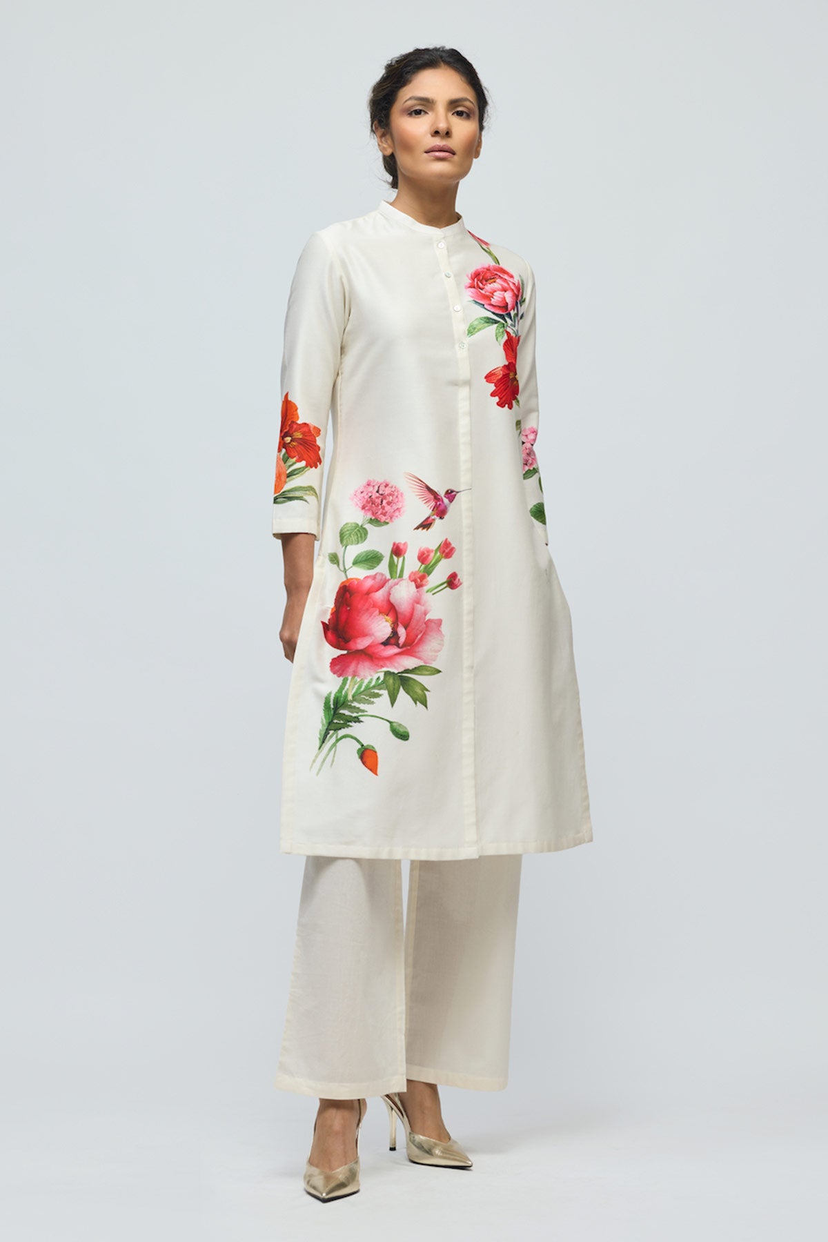 Floral printed Chanderi Tunic Set with Voile Pant