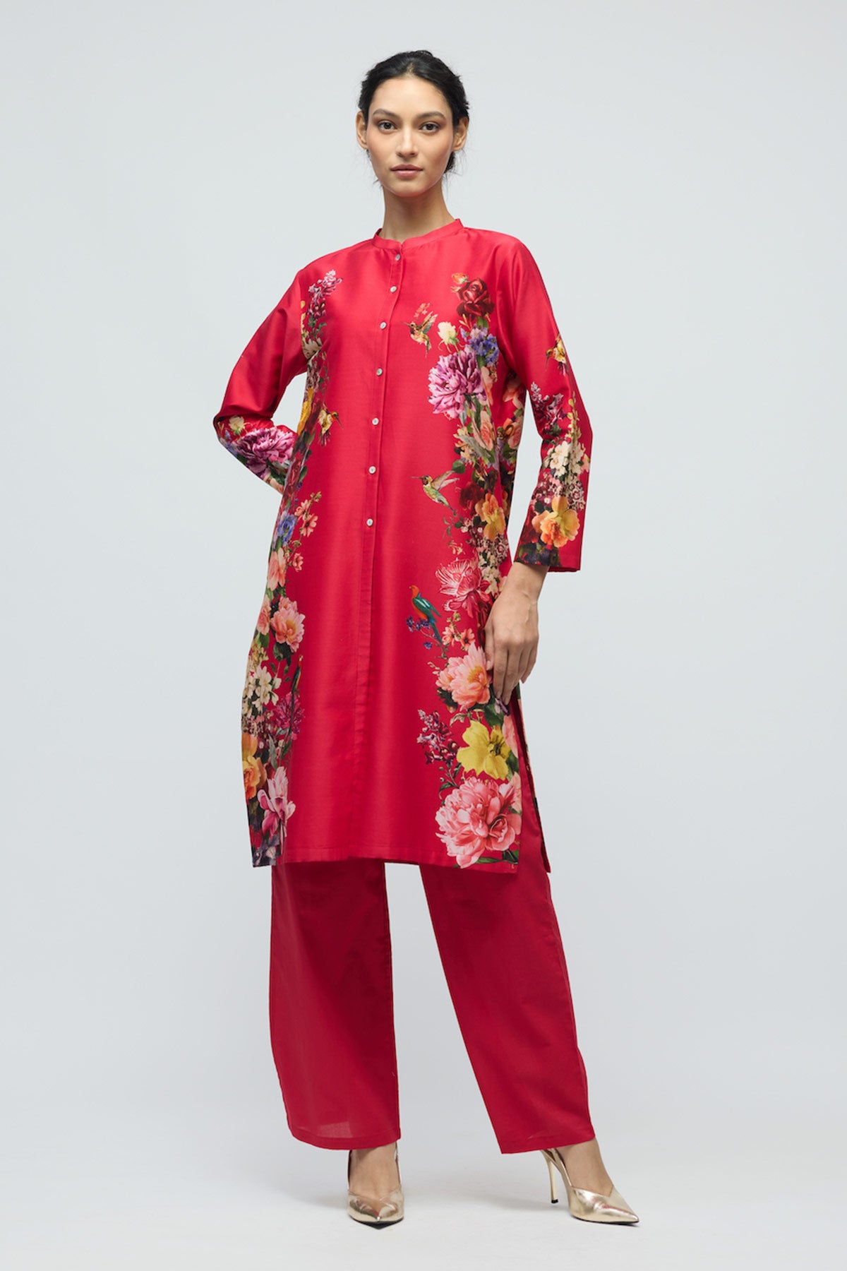 Floral printed Chanderi Tunic Set with Voile Pant