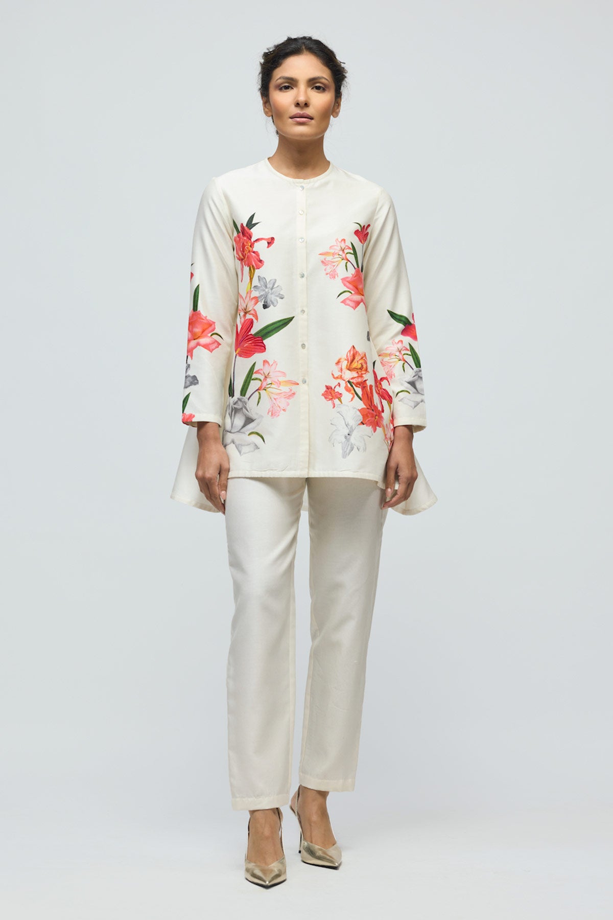 Floral printed Chanderi Tunic Set with Voile Pant