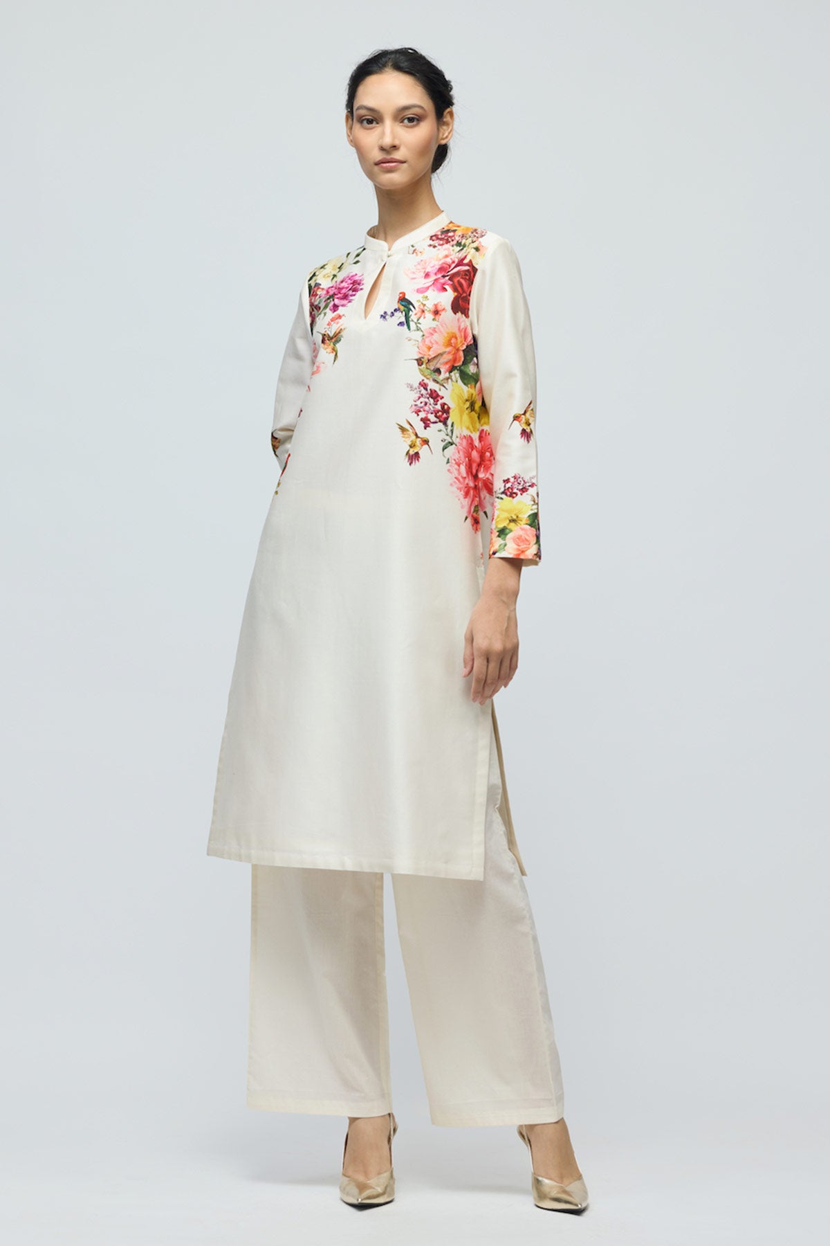 Floral printed Chanderi Tunic Set with Voile Pant